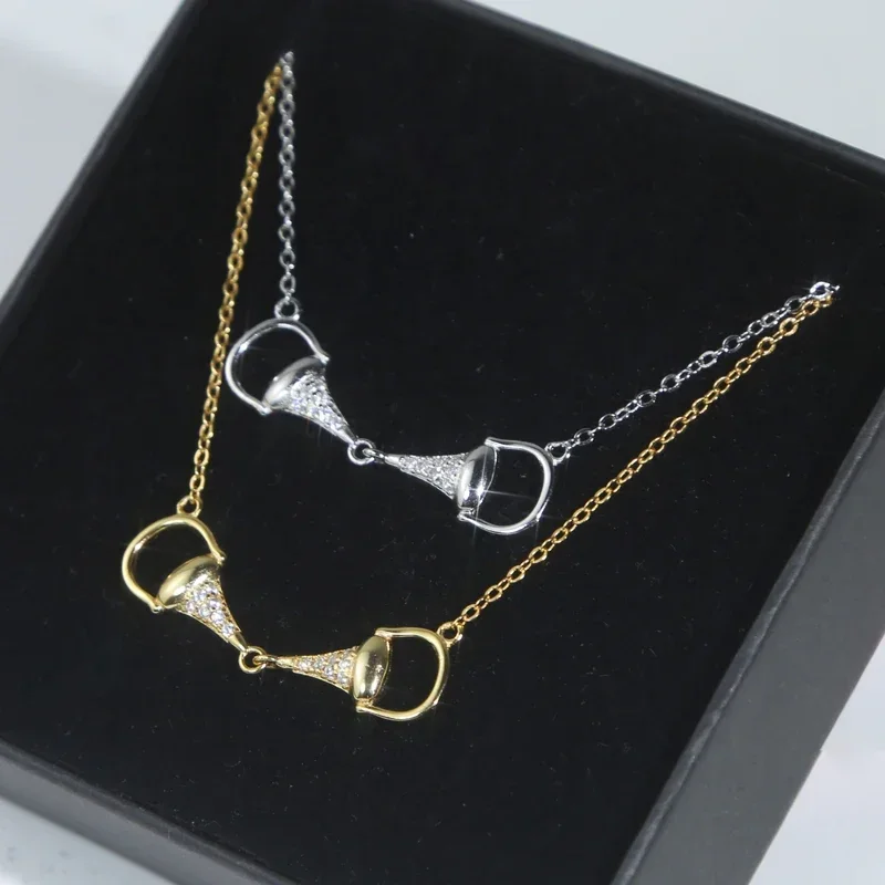 New Fashion 925 Silver Sterling Two-tone Horseshoe Bit Horse Charm Pendant Necklace Pave CZ Link Chain Women Girl Gift Jewelry