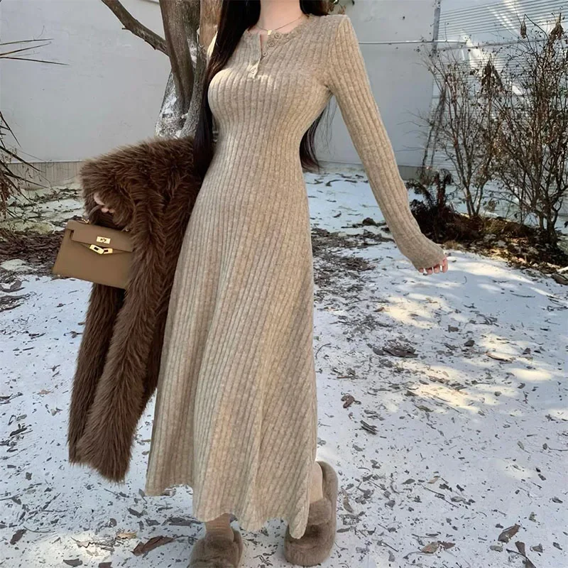 

Elegant Slim High Waist Knit Dresses Women Autumn Winter Long Sleeve Thick Warm Long Dress Ladies Vintage Streetwear Vestidos