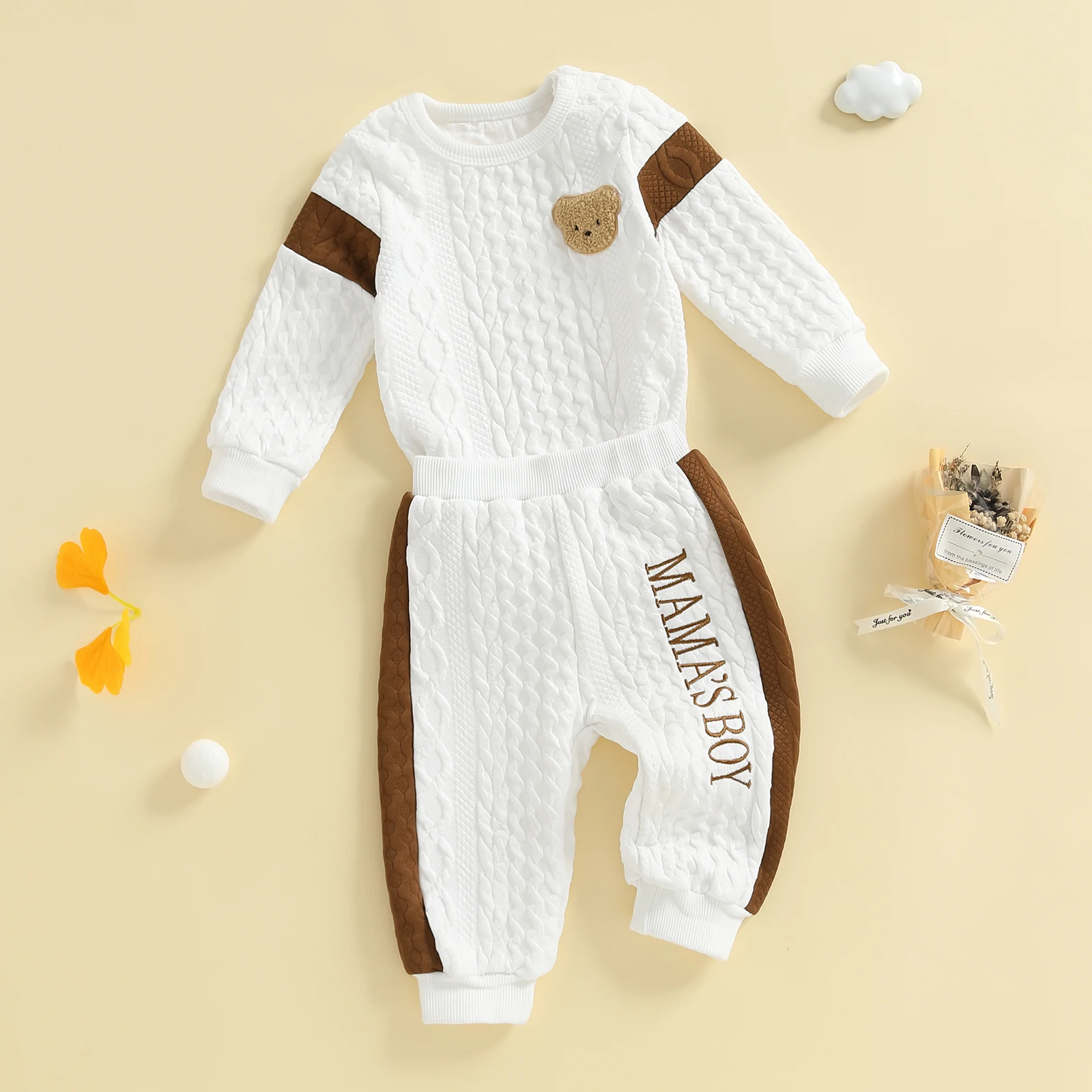 Baby Boy's Outfits Fashionable Long Sleeve Bear Embroidery Textured Romper with Pants 2Pcs Set Cute Baby Clothing
