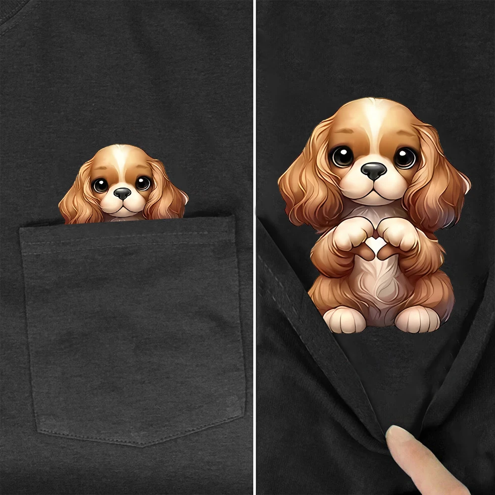 CLOOCL Charles King Dog Cotton T-Shirts Puppy Hand Heart Gesture Print Pocket T-shirt Men Women Short Sleeve Shirts Hip Pop Tops