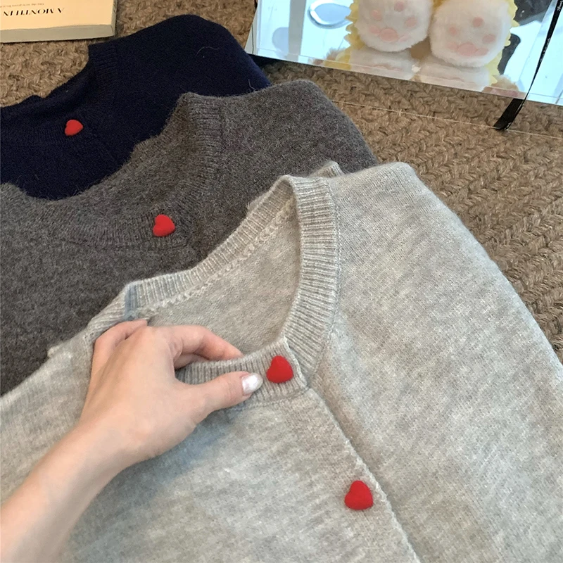 Red Heart Button Sweater For Women Loose Single Breasted Long Sleeve Cardigans Coats Spring Autumn O-neck Ladies Knitshirts