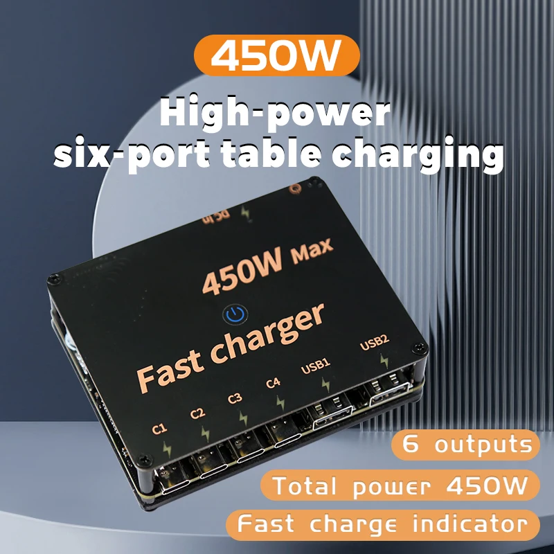 

450W Desktop Charger Six-way High Power CNC Aluminum Quick Charge Indicator Shell Mechanical Simple Style High Power Fast Charge