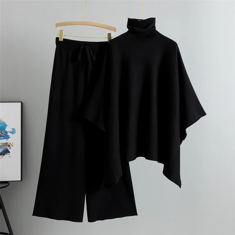 Neues Herbst/Winter Elegantes Rollkragen-Cape-Top mit Weiten Hosen Locker Sitzendes Set Modisches Strick-Zweiteiler für Damen – Detail 2