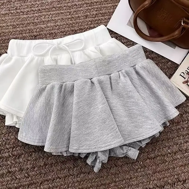 Harajuku Gray Drawstring Mini Skort Women Sweet Sexy A Line Puff Shorts Y2K Preppy Style Ruffle Sporty Black