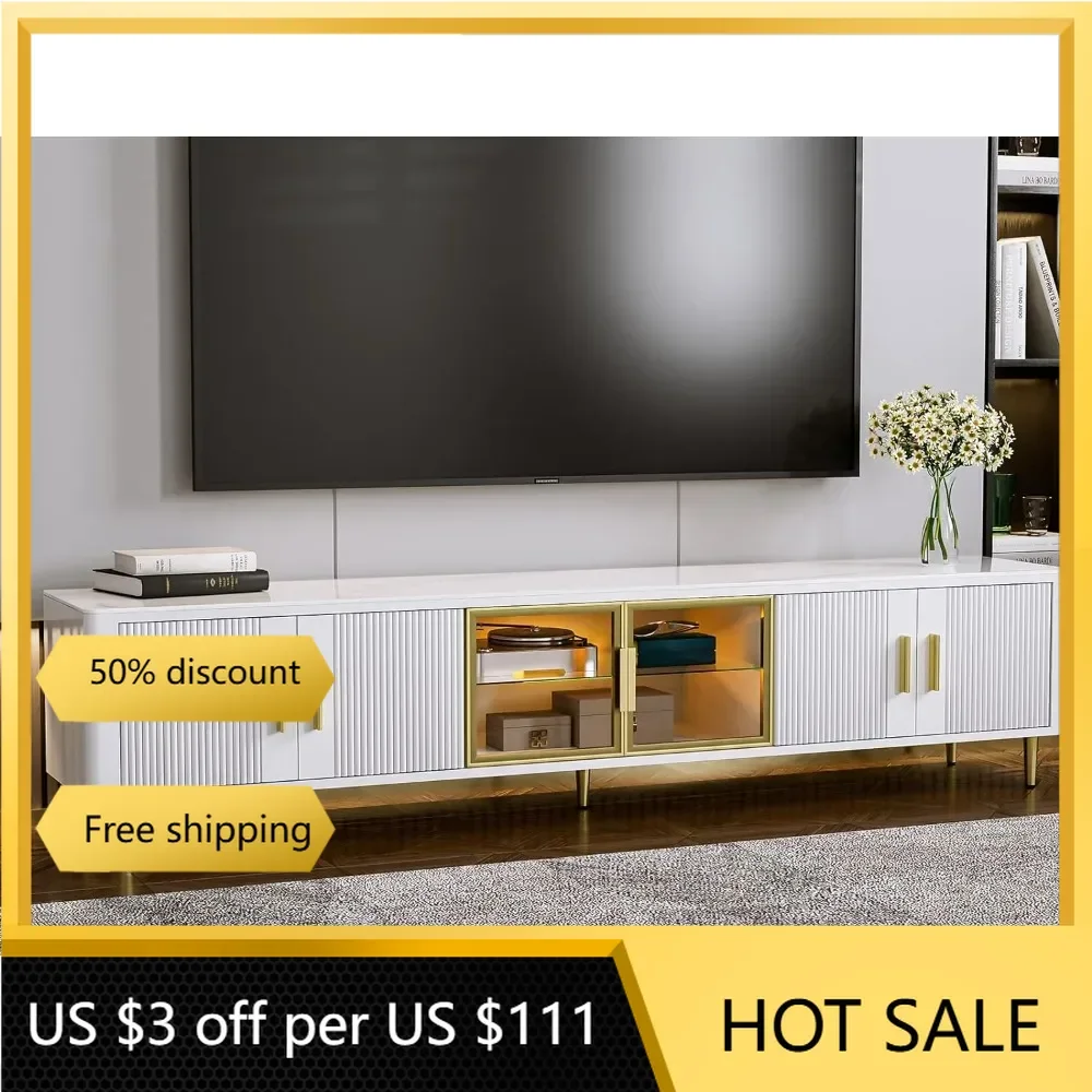 

Modern TV Stand for 85+ inch TV, White LED Slate Entertainment Center with Glass Storage Cabinets and LED Lights for Living Room