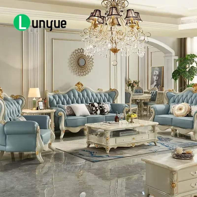 European Leather Sofa Set Solid Wood Frame Sponge Filled Luxury Design for Apartment Living Room Hotel Villa Comfortable