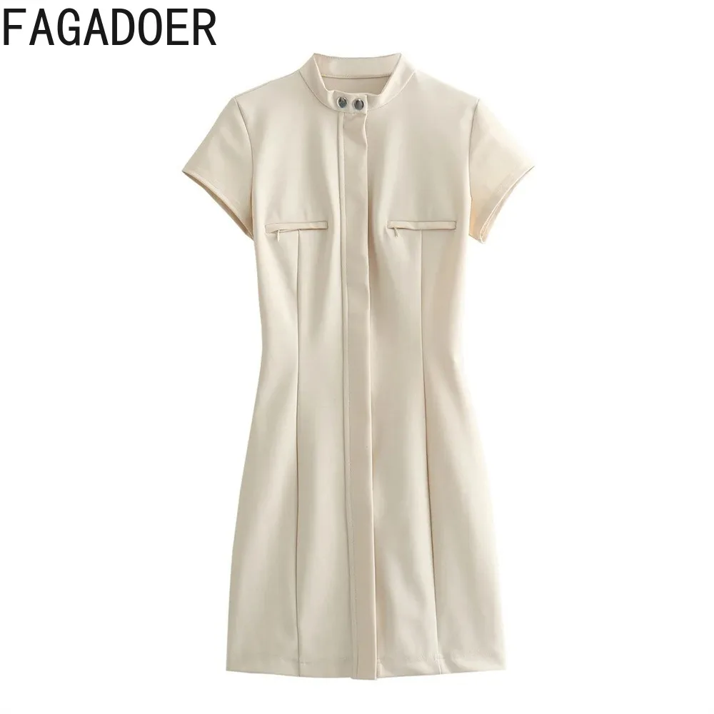 FAGADOER Elegant Stand Collar Mini Dress Women Pockets Patchwork Bodycon Dress Ladies Office Street Basic Vestidos Clothing