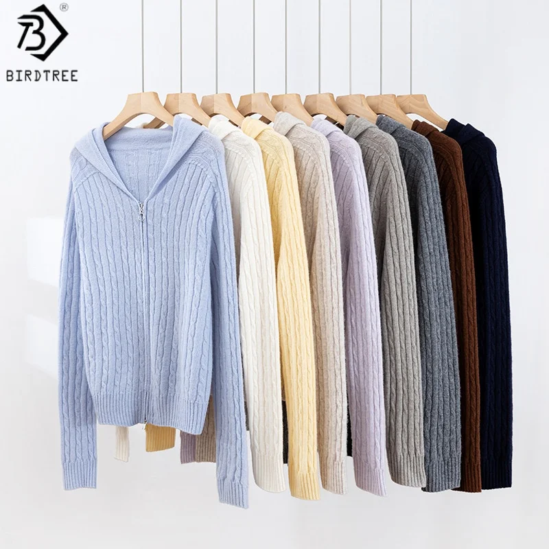 

Birdtree 100% Sheep Wool Knitwear Sweater,Woman Seamless Twisted Flower Full Sleeve Two-way Zipper Autumn Hooded Shirt T59318JF