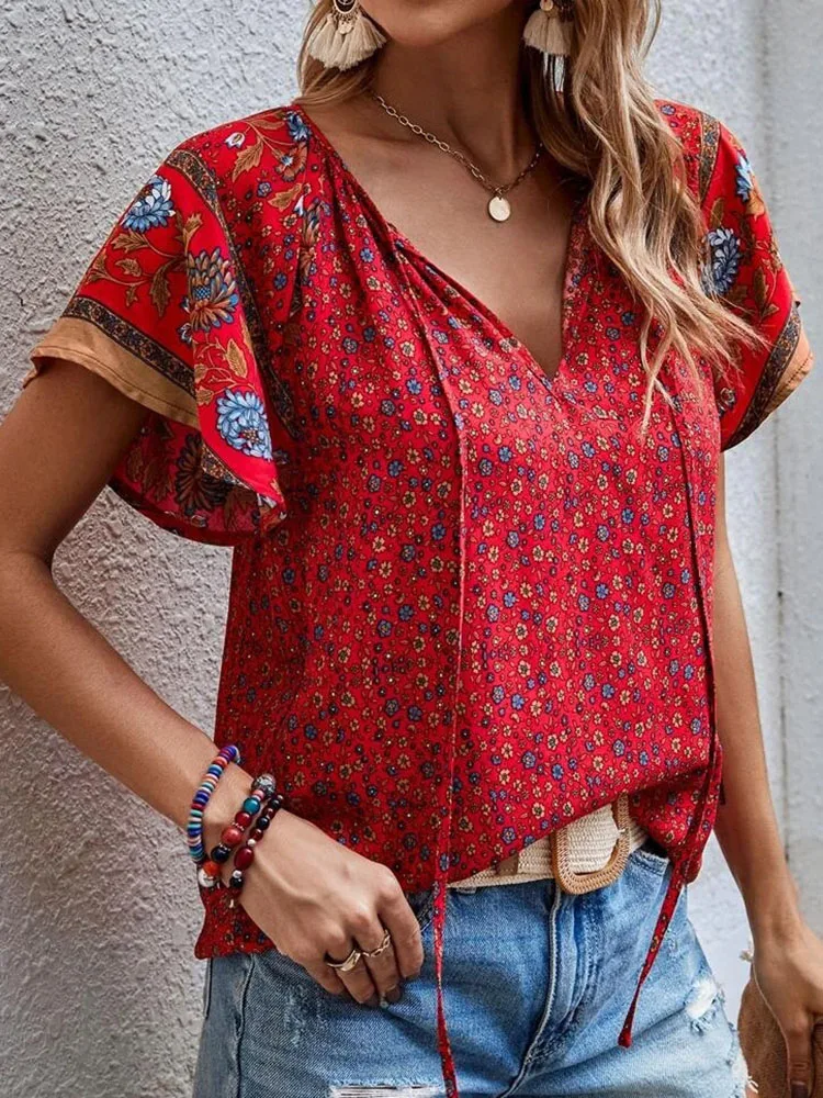 Blusas Para Mujer Camisas Women Printed Shirt, V-neck Short Sleeved Shirt, Bohemian Style, Casual, Elegant, Beach, Summer, 2024