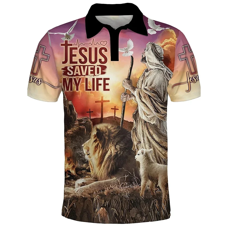 Men\'s Golf Polo Shirt 3d Print Easter Jesus Graphic Turndown Polo Shirts For Men Short Sleeves Button Down Casual Tee Tops