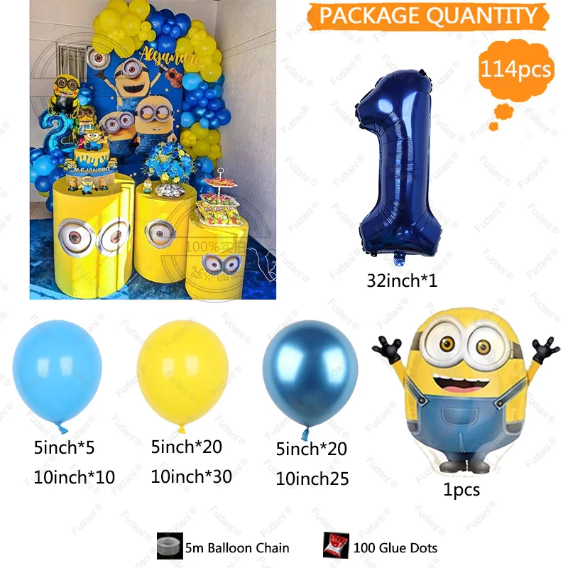 114 Stück Minions-Motto-Party-Ballonbogen-Set, niedlicher Minions-Geburtstag, gelb, blau, Latexball, Kindergeburtstag, Party-Dekorationszubehör