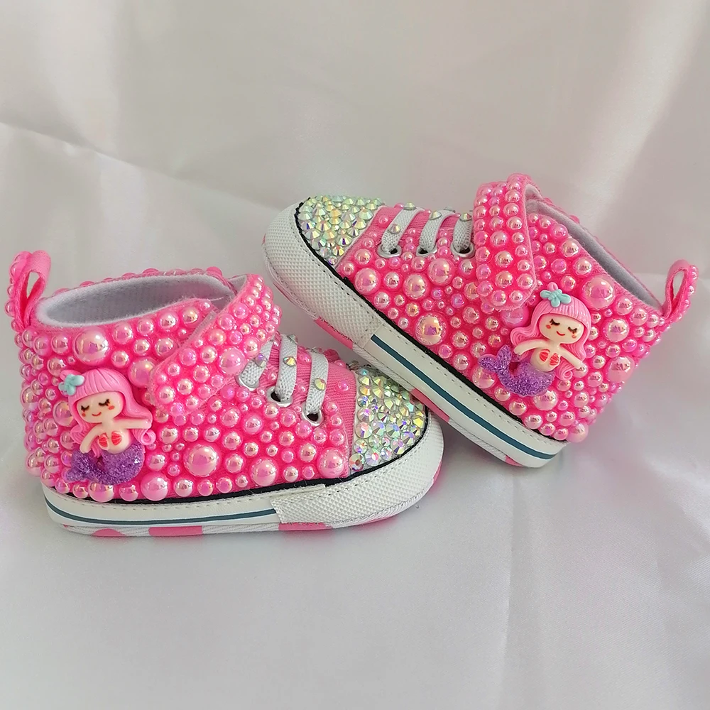 Handmade Bow Pearl Rhinestones Baby Girls Shoes Hairband First Walker Sparkle Christmas Mermaid Crystals Princess Shoes Shower