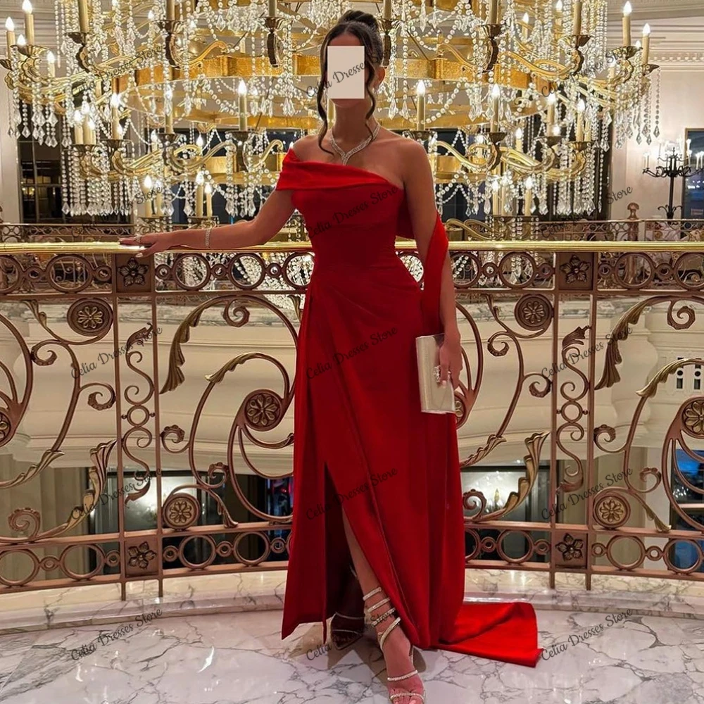 Charming Red Off the Shoulder Formal Evening Dress with Side Split Floor Length Saudi Arabia Special Occasion Gowns Custom Made