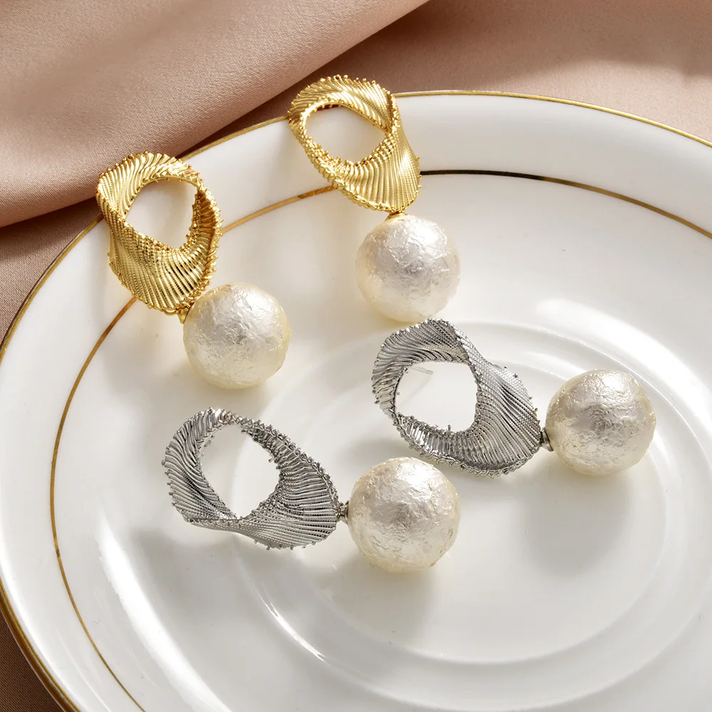 

2026 New model Euro-American Trendy Earrings Woven Ribbon with Gold Strip Silver Pattern Cotton Bead Pearl