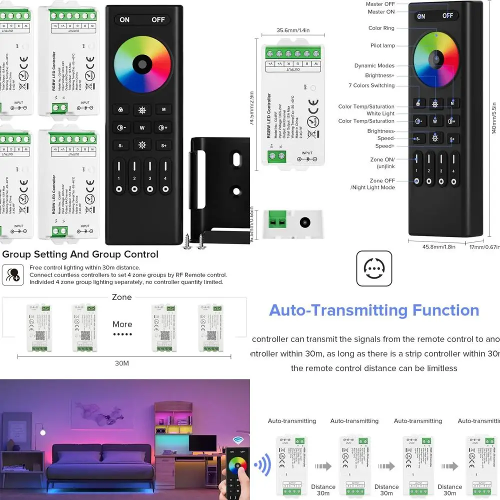

4-Zone Wireless RGBW LED Strip Controller Kit with 2.4GHz RF Remote and 5050SMD COB LED Support for 5V, 12V, 24V DC Power