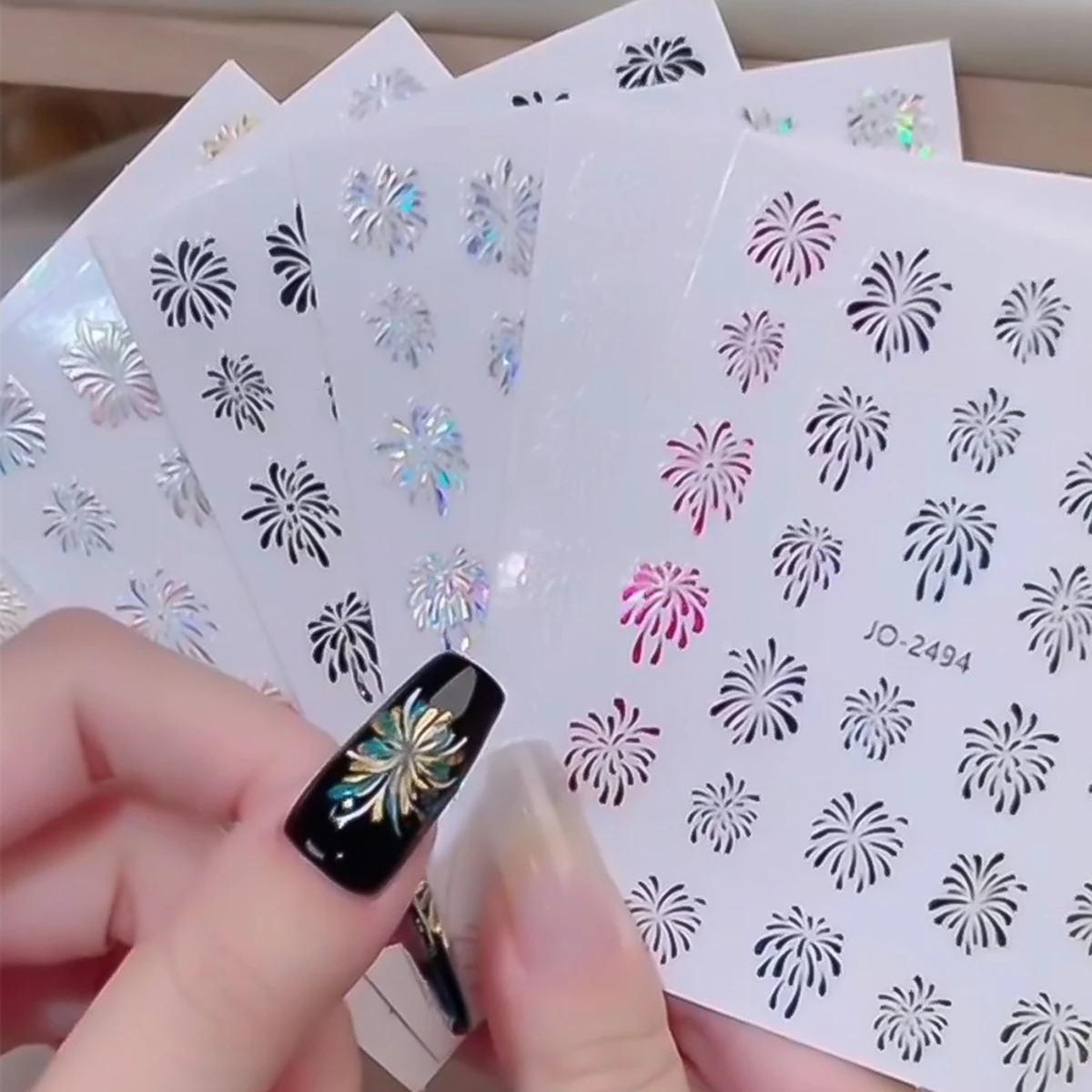 New Year Gold Silver Fireworks Pattern Nail Art Stickers Colorful Laser Manicure Decals Decoration For Nail Tips Beauty