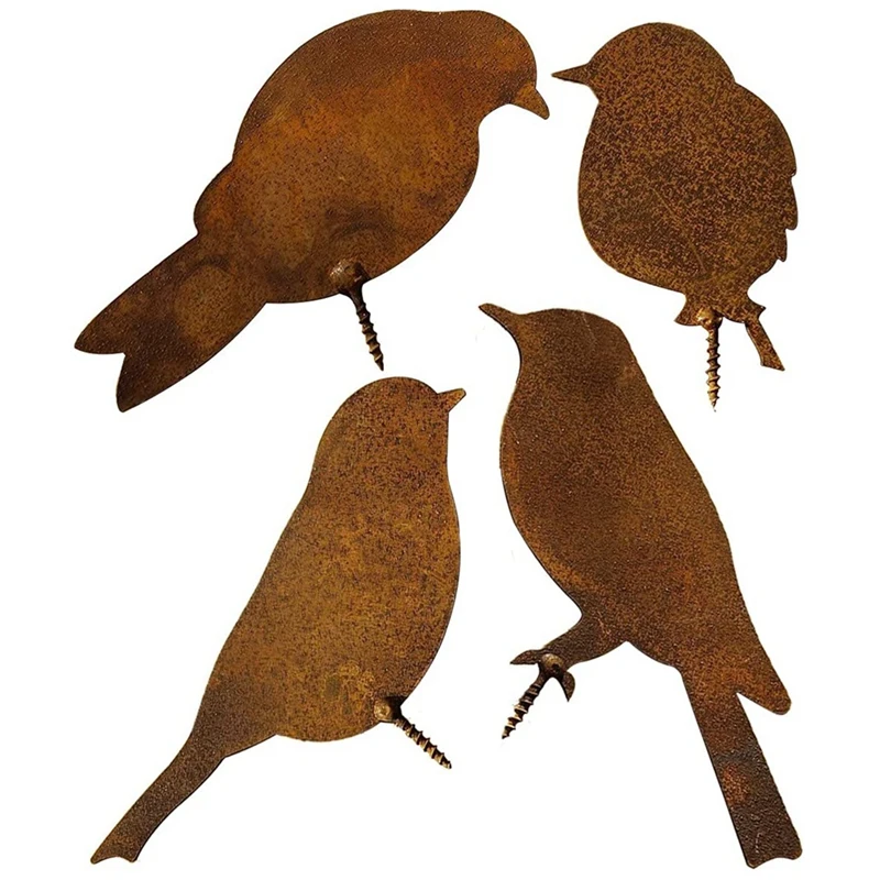 Patina Birds With Screw For Screwing In Wood, 4 Rusty Birds, Metal Rust Garden Decoration Birds Figure, Rust Decoration