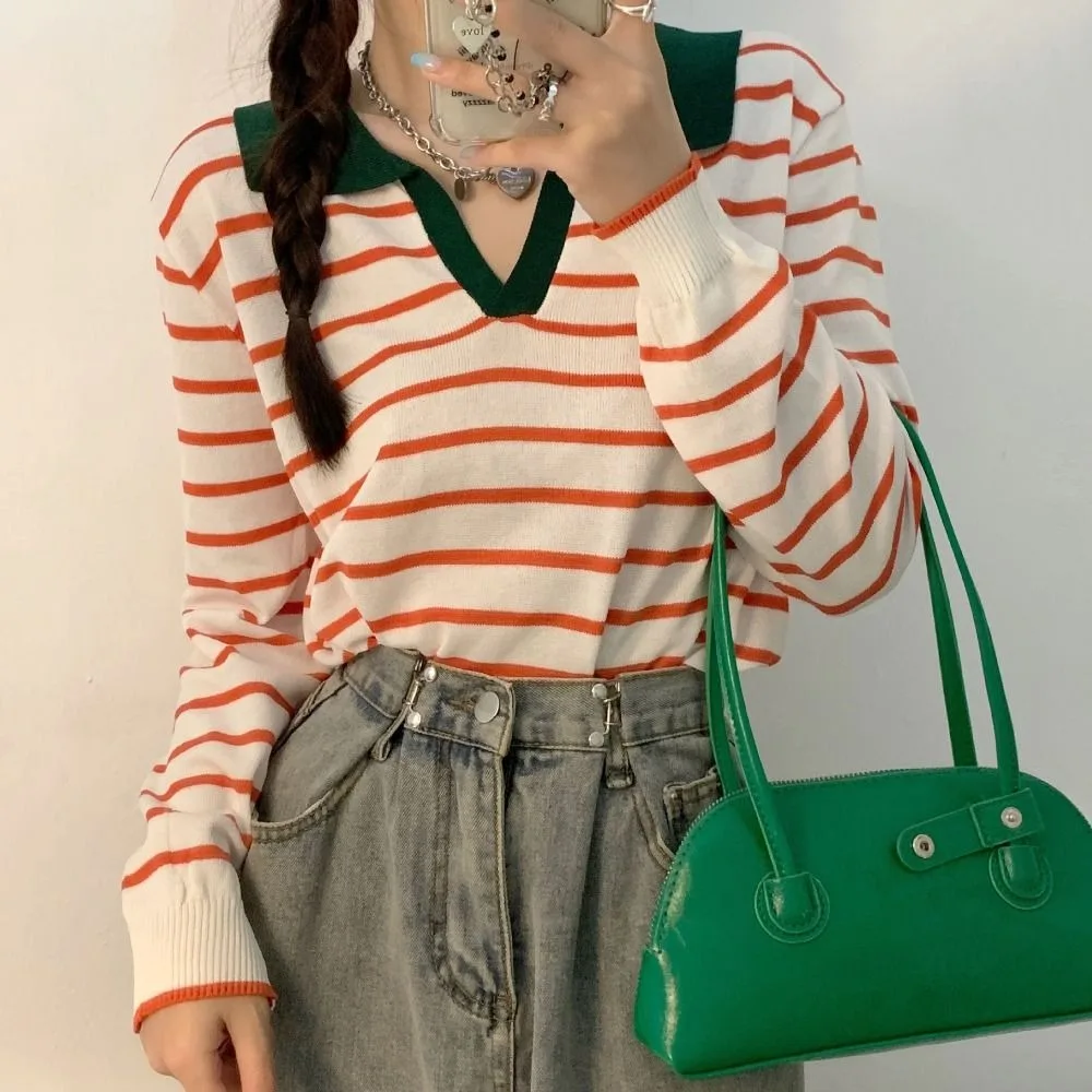 

Casual V-neck Stripe Long Sleeve Top Slim Fit Thin Y2k Patchwork Knitwear Lapel Pullover Stripe T-Shirt Female