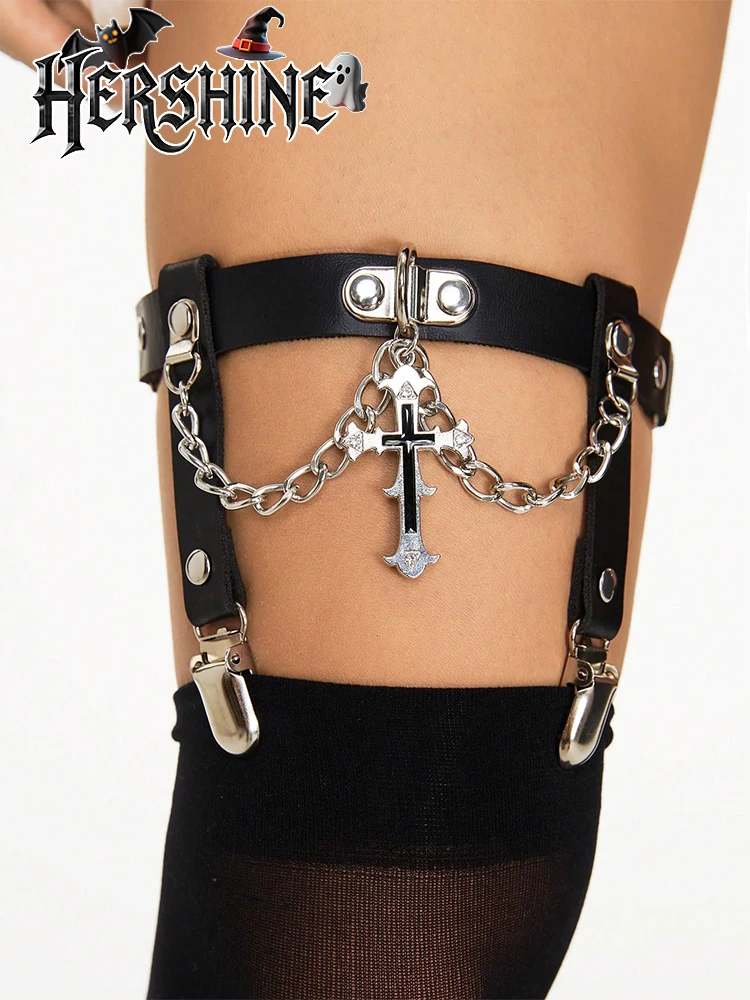 2 klip kaki dan kaus kaki modis hitam wanita, dekorasi salib berlian imitasi hitam, gaya punk gelap Gotik Y2K, aksesori Halloween