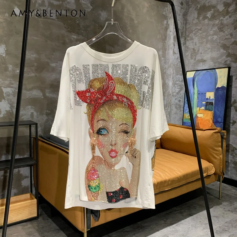 

Summer Tshirt Light Luxury Fashion Brand Top Girl Large Earrings Hot Rhinestone Sweet Cool Heavy Work High Heels Mid-Length Tees