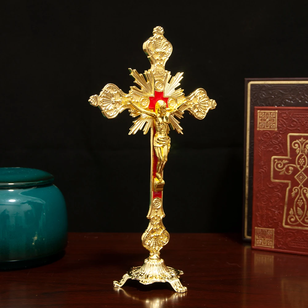 HTISOK Katholisches Jesus-Kreuz, stehendes katholisches Kreuz, katholisches Tischornament aus Zinklegierung, Geschenk für Freunde – Detail 3