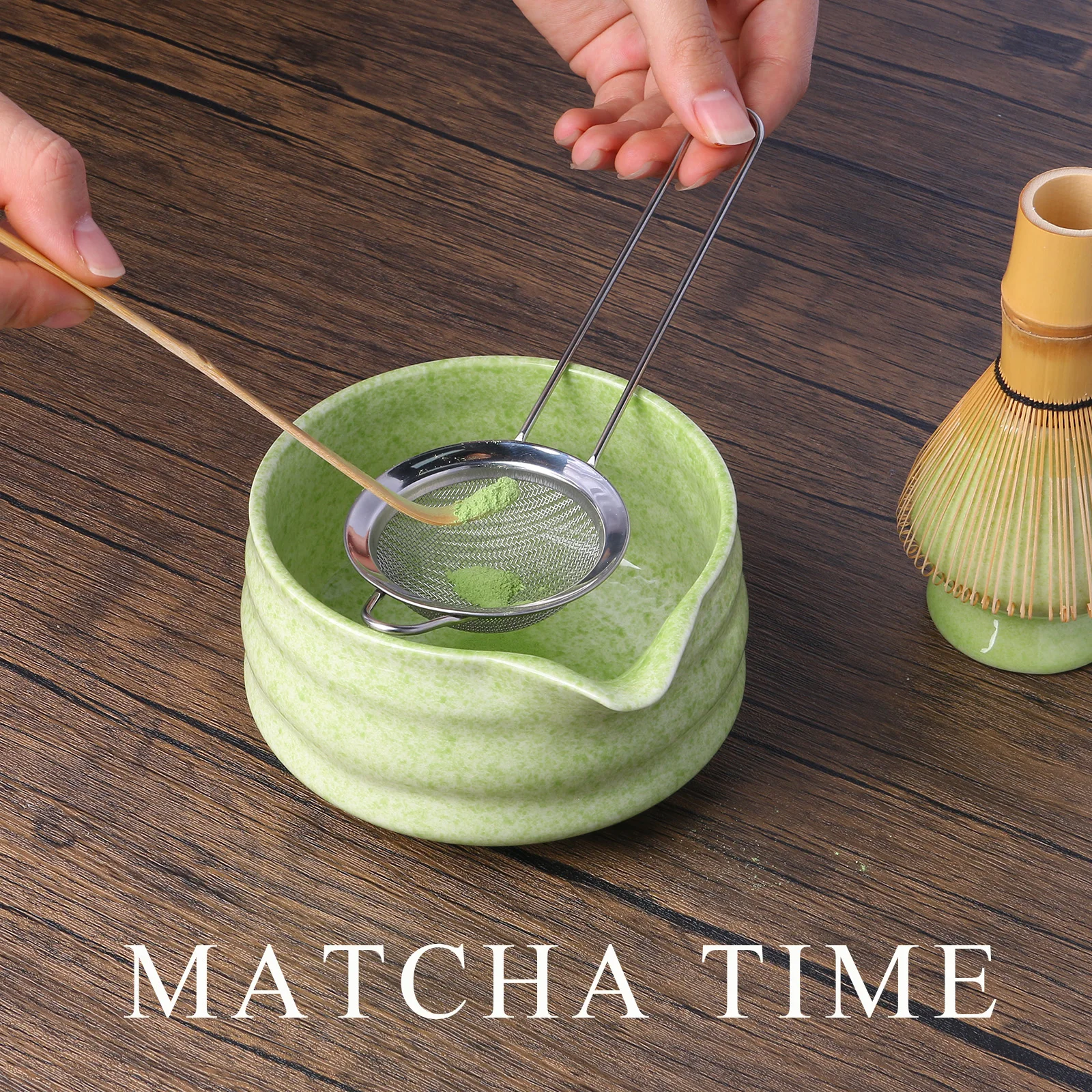 

Japanese Matcha Preparation Set Bamboo Whisk and Green Ceramic Bowl for Tea Ceremonies and Beverage Preparation