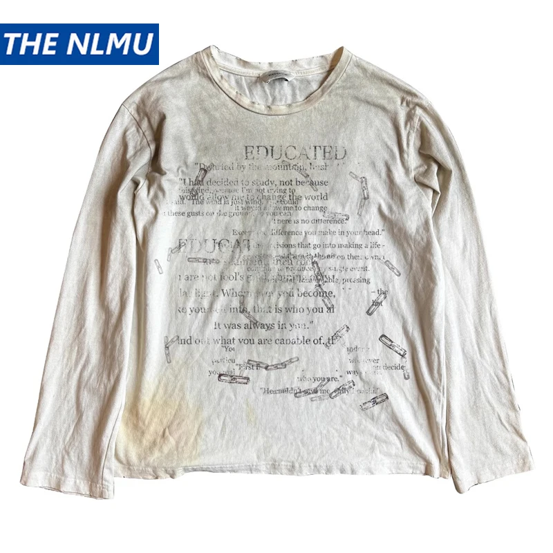 Vintage Long Sleeve T Shirts Letter Graphic Dirty Washed T-shirts Loose Casual Tee Tops Unisex Retro Tshirts Y2K
