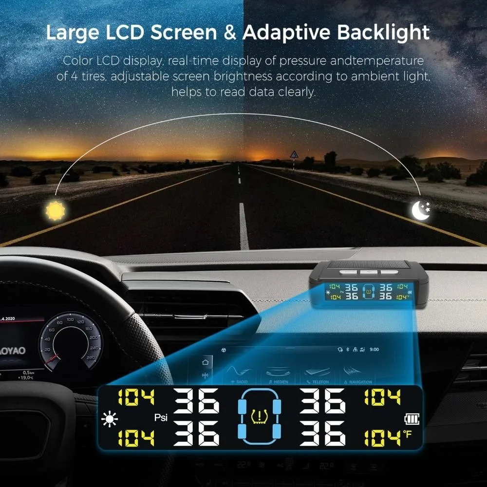 نظام مراقبة ضغط إطارات السيارة العالمي TPMS 4 أجهزة استشعار تعرض تحذير درجة حرارة ضغط الإطارات الذكي بالطاقة الشمسية