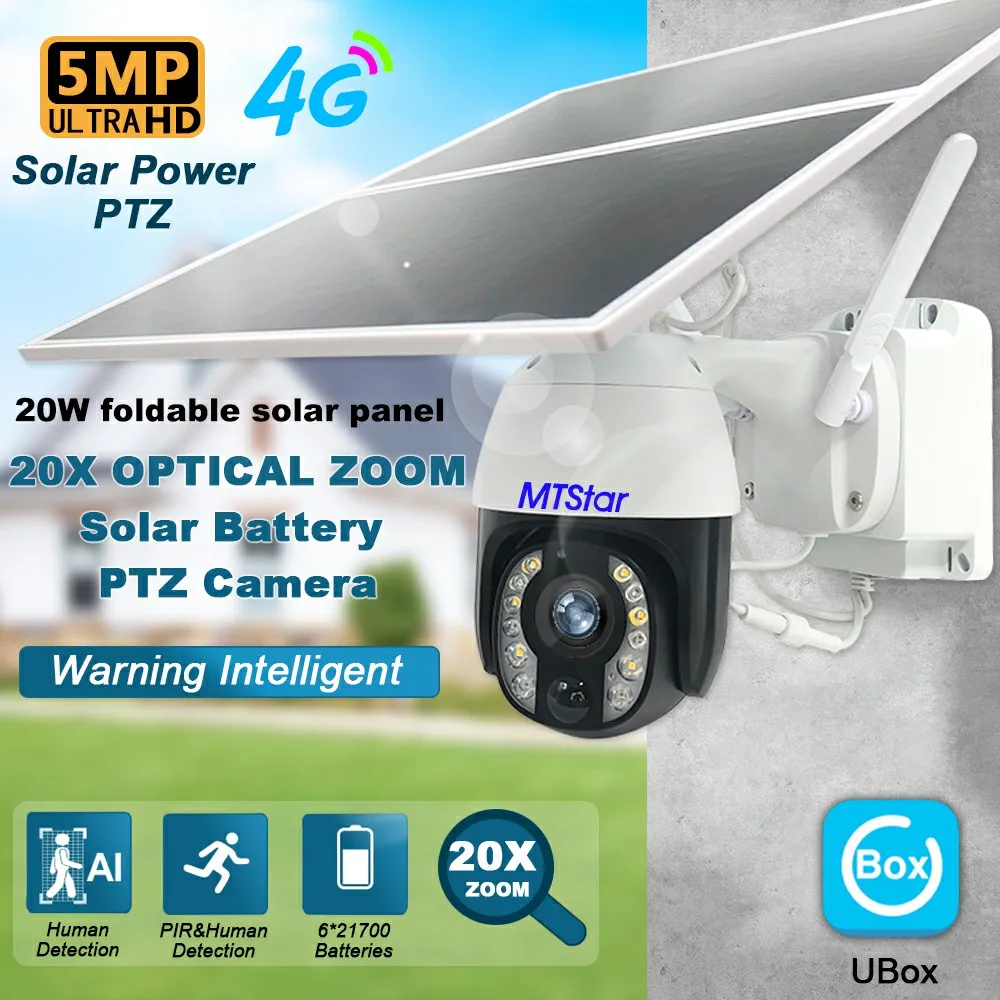 

MTStar Brand HD 5 MP 10X Optical Zoom 4G/WIFI Solar Powered Micro Power Recording PTZ Solar Camera With Junction Box Ubox APP