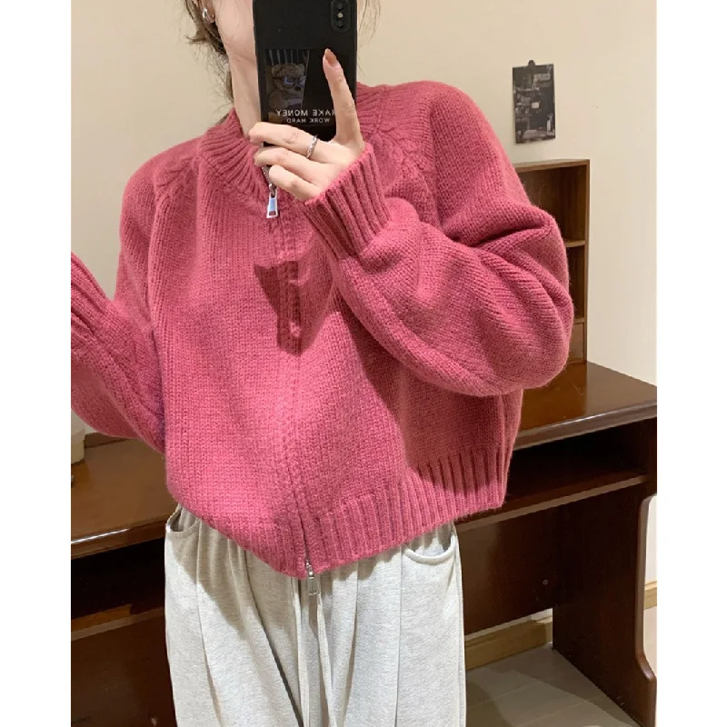 2024 New Autumn and Winter New Chunky Short Knit Cardigan Women Round Neck Double Zipper Soft Sweater Coat Women