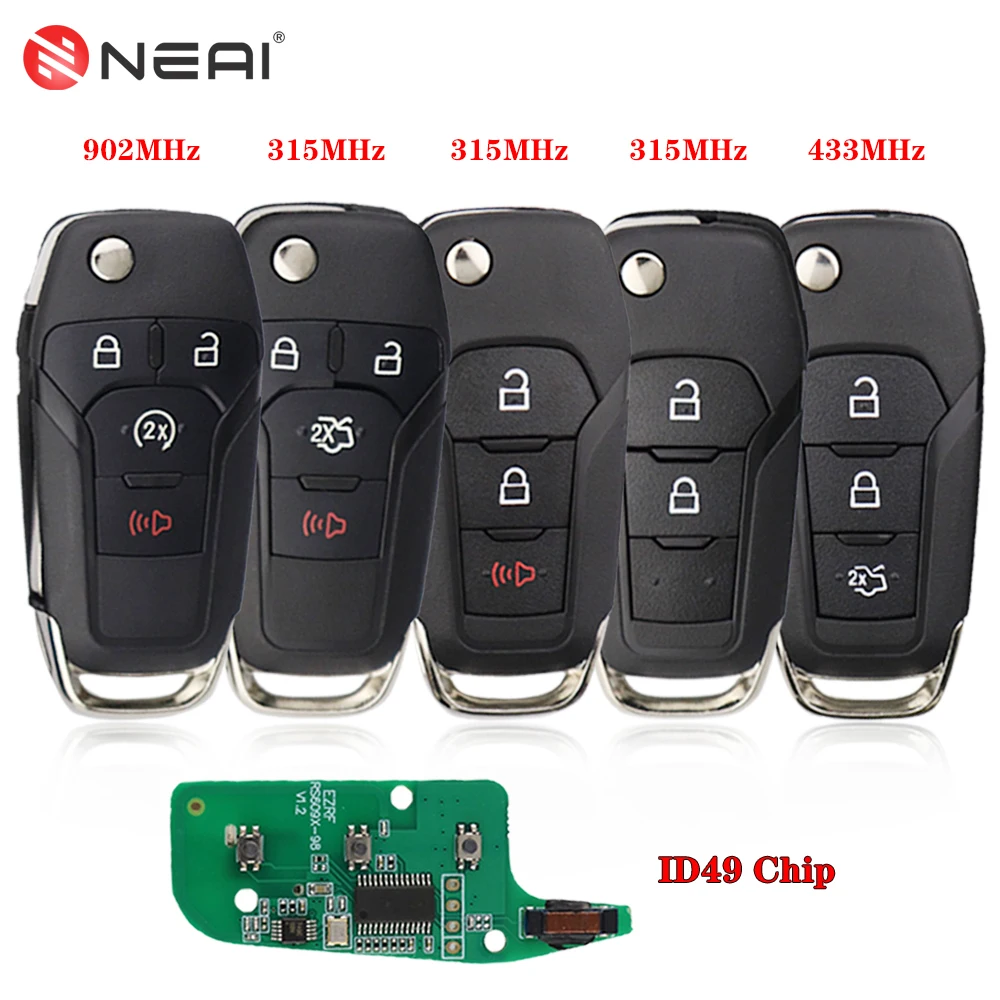 

NEAI Flip Remote Car Key For Ford Fusion Escort Transit Explorer Ranger Raptor S-MAX GALAXY ID49 Chip 315/433/902MHz Control Fob