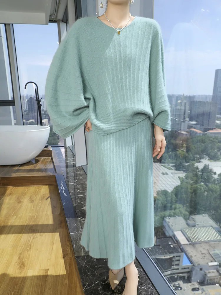 TLOML Autumn Winter Women 100% Mink Cashmere Sweater Suit Cable Knit Pullover Pleated Skirt Grace Simple Style Cashmere Knitwear