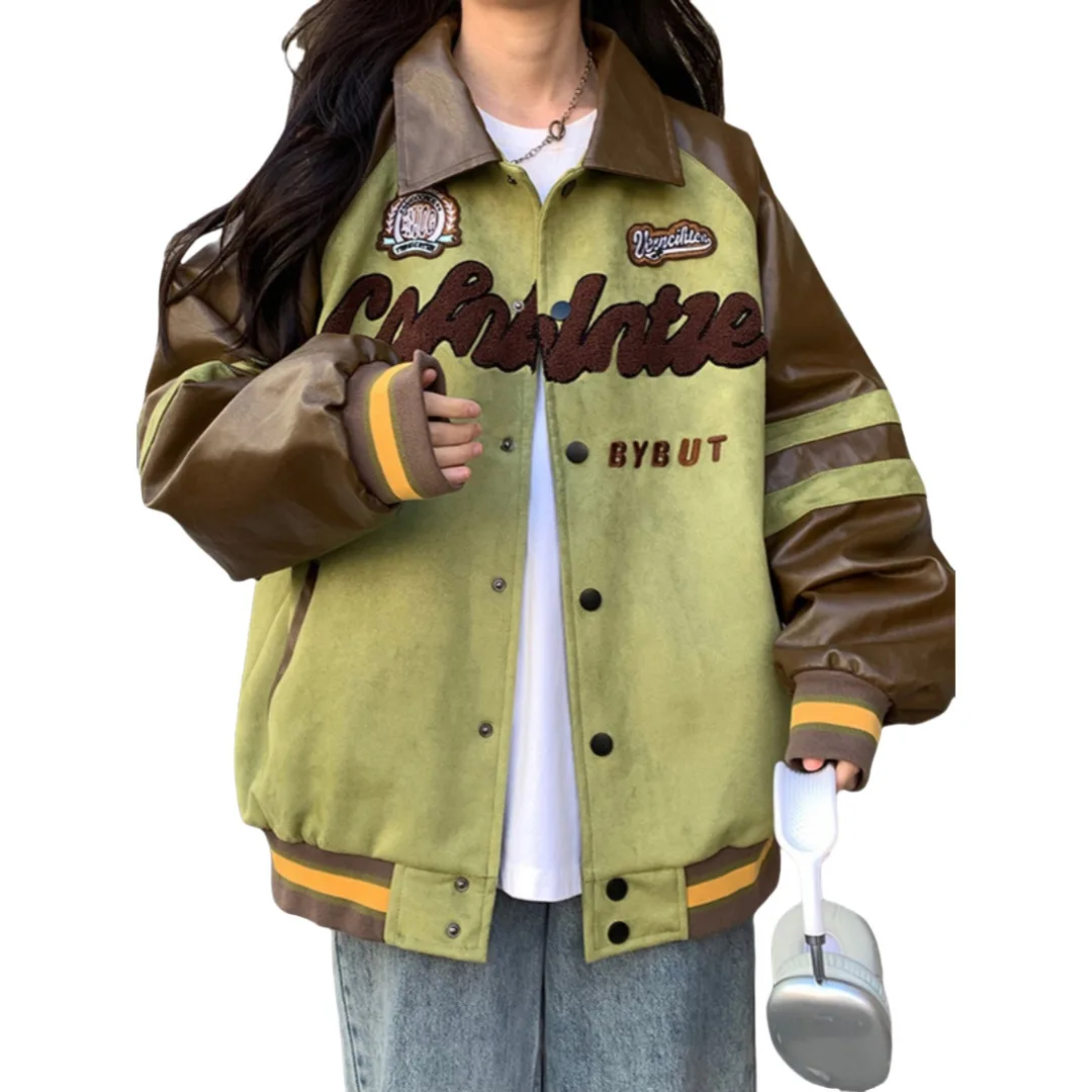 2025 New Spring Autumn Women's Jacket Suede Leather Patchwork Baseball Style Embroidered Design Outerwear