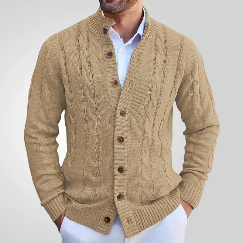 Cardigan da uomo colletto alla coreana maglioni cappotto lavorato a maglia manica intera monopetto maglia solida cappotti a punto aperto autunno inverno 2024