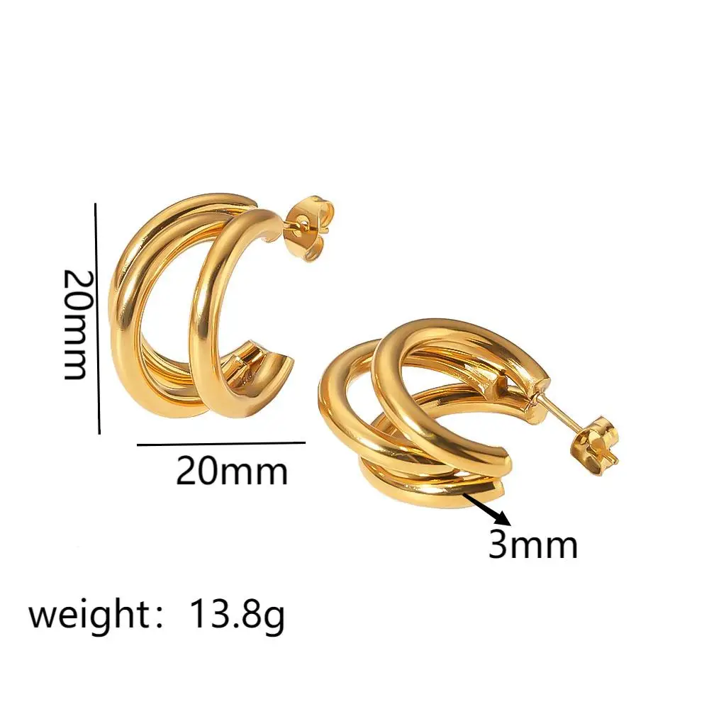 Klobige Dreifach-Creolen, 18K vergoldet, Edelstahl, feiner Schmuck, minimalistische, auffällige dreilagige Ohrringe für Damen – Detail 8