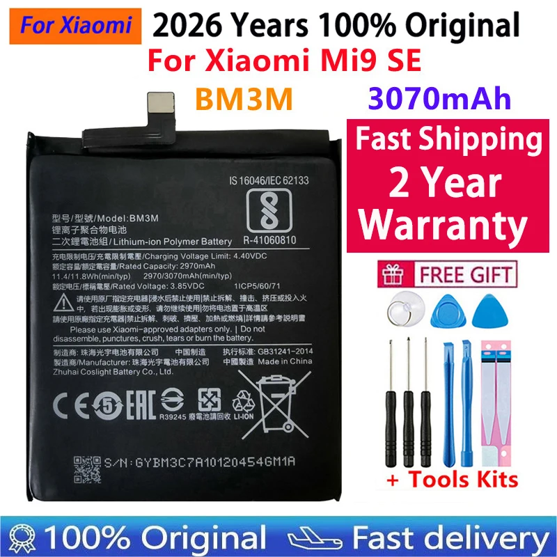 

Fast Shipping 2026 Years 100% Original Replacement Battery For XiaoMi Mi9 SE Mi 9SE BM3M Genuine Phone Battery 3070mAhFree Tools