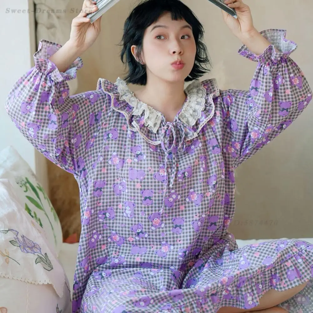 

Хлопковая ночная рубашка для женщин в деревенском стиле, с длинными рукавами, с мультяшным принтом, домашняя одежда, французское милое ночное платье