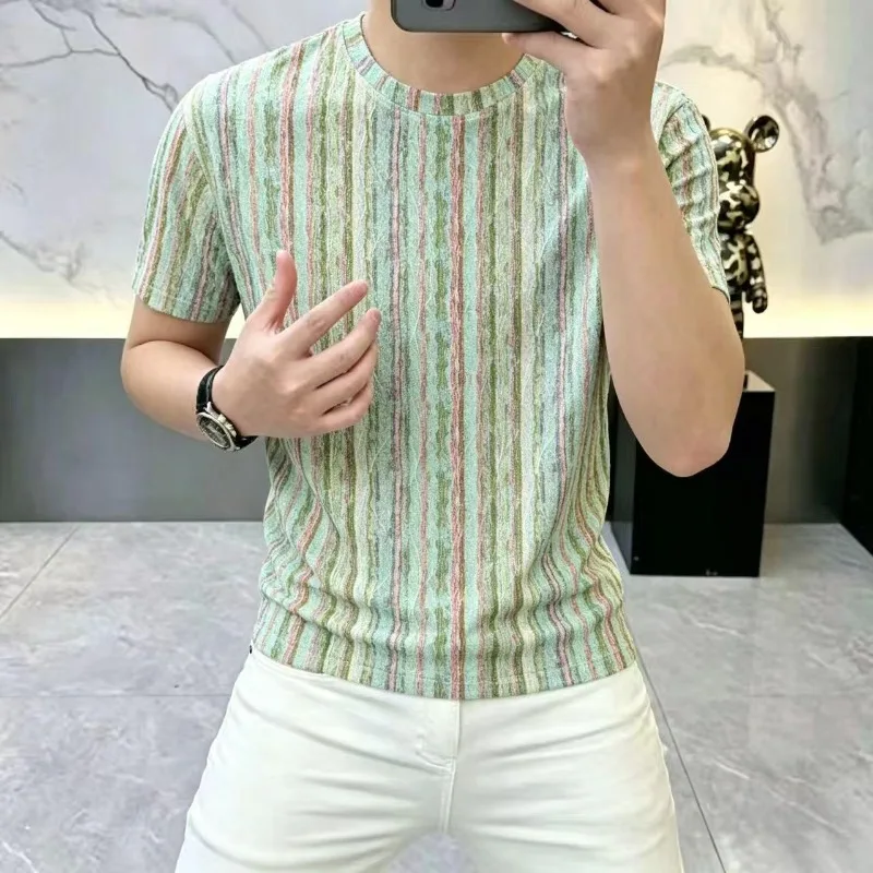 2026 Summer Mesh Tie Dye Short Sleeved T-shirt for Men Ice Silk Breathable Casual Round Neck T-shirt Social Streetwear Tee Tops