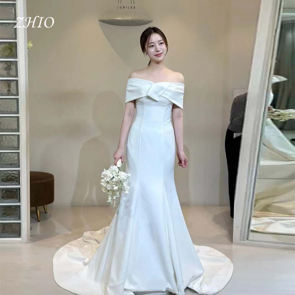ZHIO Einfaches, schulterfreies Hochzeitskleid mit Schleife, Sweep-Zug, Korea, Fotoshooting, Brautkleid, Abendkleider, individuell gestaltet, Sierra Sierra Sierra