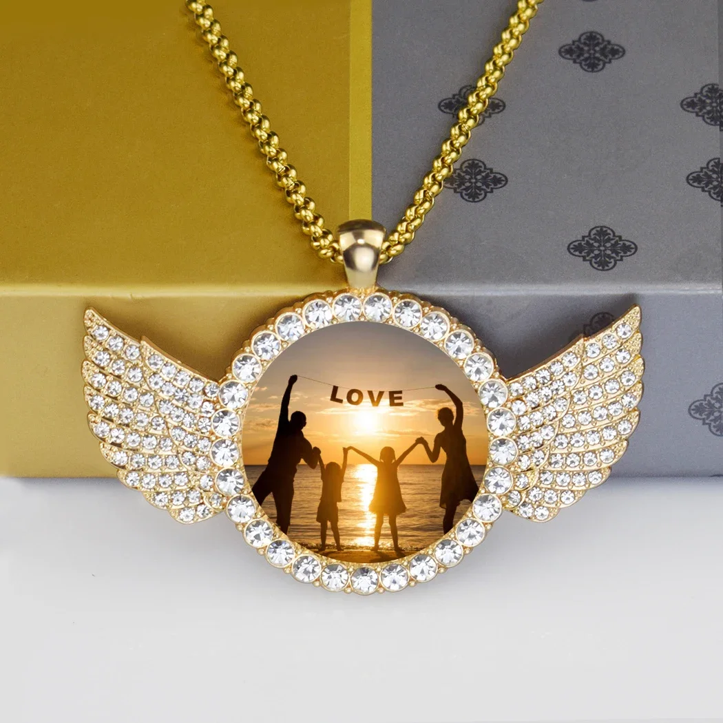 Angel Wings Custom Necklaces Rhinestone Wings Glass Dome Photo Custom Necklaces Gifts for Family Relatives Friends Lovers Women