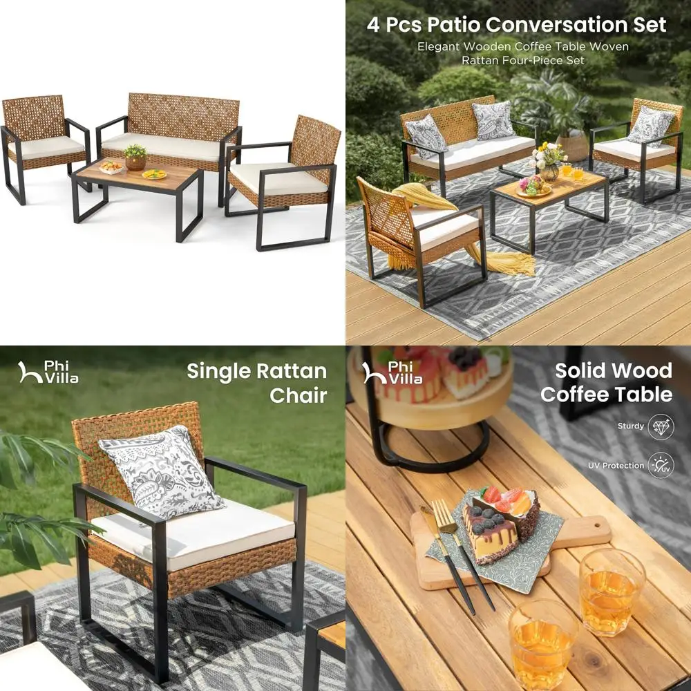 

Wicker Patio Furniture Set for 4: Rattan Loveseat, Chairs, Beige Cushions, Acacia Wood Coffee Table, Outdoor Modern Style