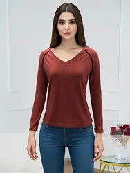 180GSM tessuto di cotone liscio di alta qualità 2024 scollo a V 100% cotone T-Shirt donna autunno manica lunga top T-Shirt camicetta femminile