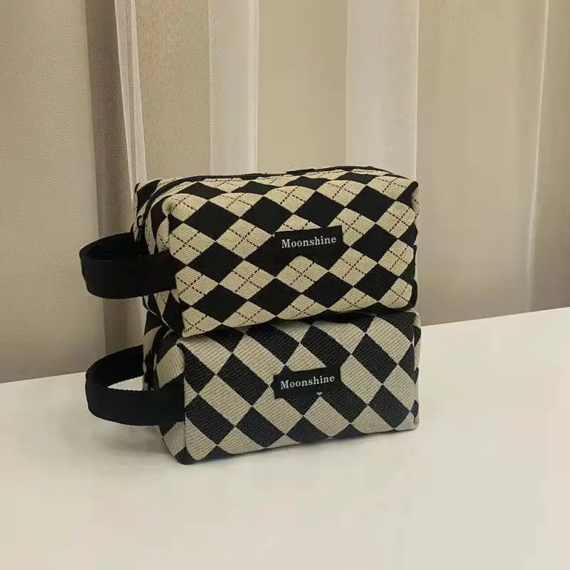 Layrussi Women Toiletries Storage Bag Ladies Portable Cosmetic Bag Checkerboard Plaid Makeup Bag Student Pen Bag Female Handbag