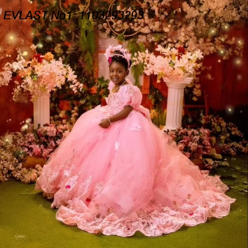 EVLAS Customized Princess Pink Girl's Pageant Dress Flower Girl Dress Appliqued Long Baby Girl Prom Gown for Photoshoot TFD185