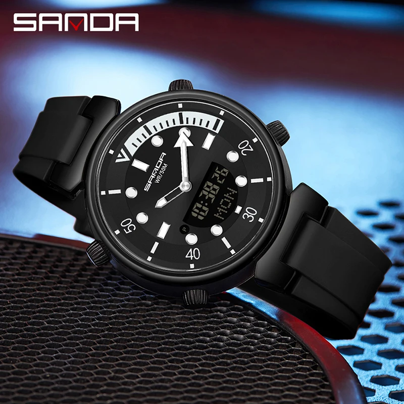 SANDA Top Luxury Brand Men's Watch Sports Waterproof Watches Dual Time Display Quartz Wristwatches LED Digital Electronic Watch