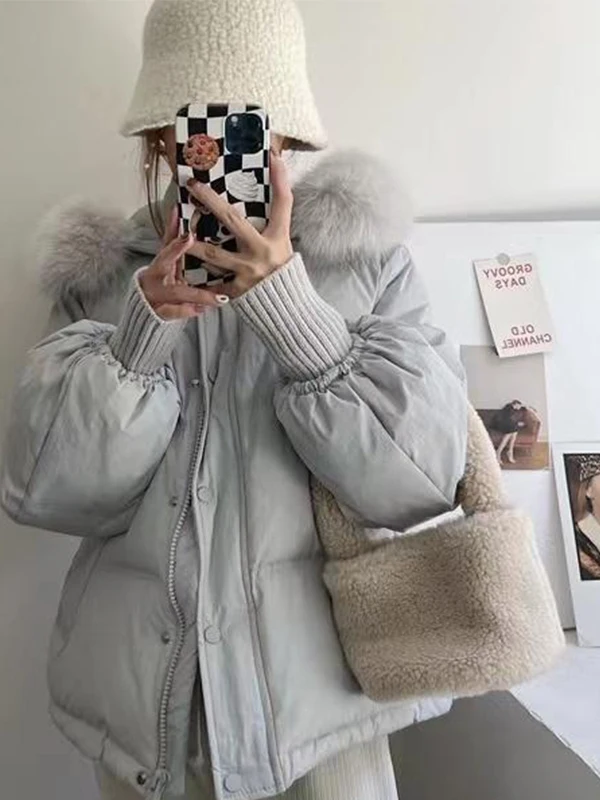 

Зимняя утепленная хлопковая куртка женская с большим меховым воротником, свободного кроя, прямого силуэта, на молнии, для повседневной носки