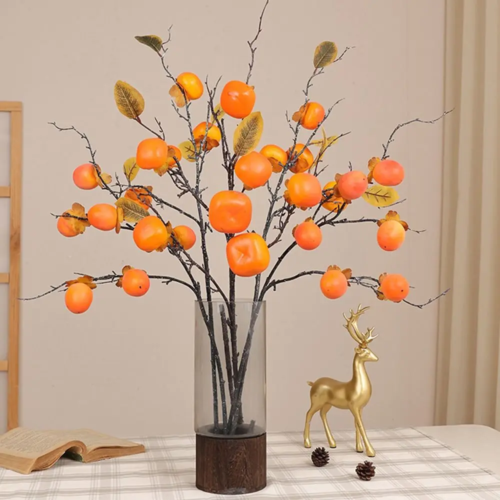 Plastic Artificial Persimmon Branches Handmade Elegant Artificial Fruits Branches Realistic Simulation Persimmon Fruit