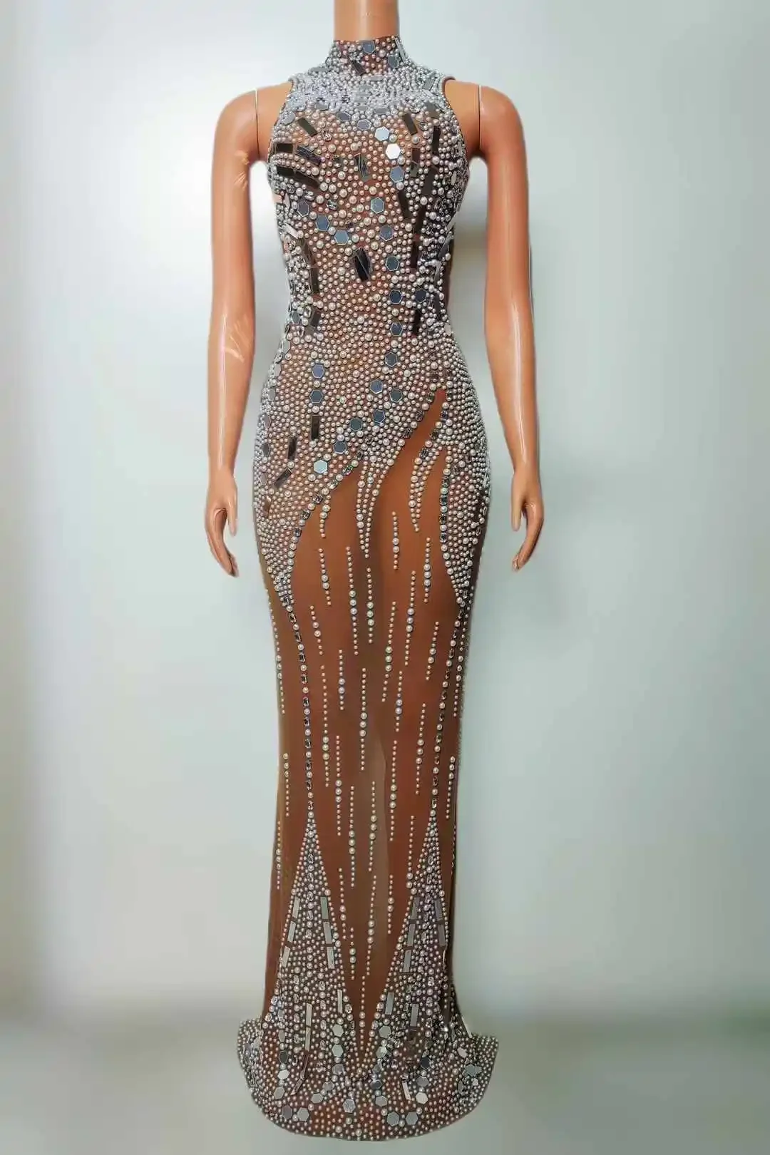 

Women Sparkly Sequined Beaded Birthday Rhinestone Long Dress Party Club Night Queen Outfit