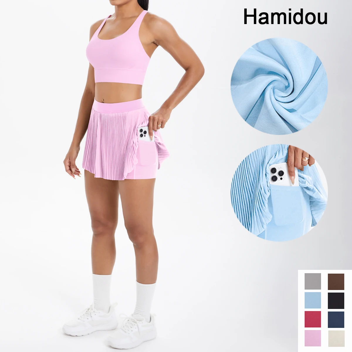 

Solid Color Yoga Set for Woman Sexy Backless Sports Bra Quick-Dry Breathable Seamless Yoga Short Skirt With Pocket
