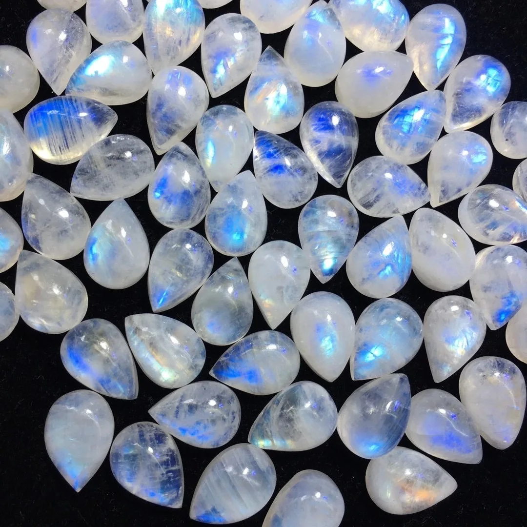 Wholesale 10pcs/lot Genuine Rainbow Moon Stone 9x13mm Pear Drop Cabochon Gemstone Ring Face for Jewelry